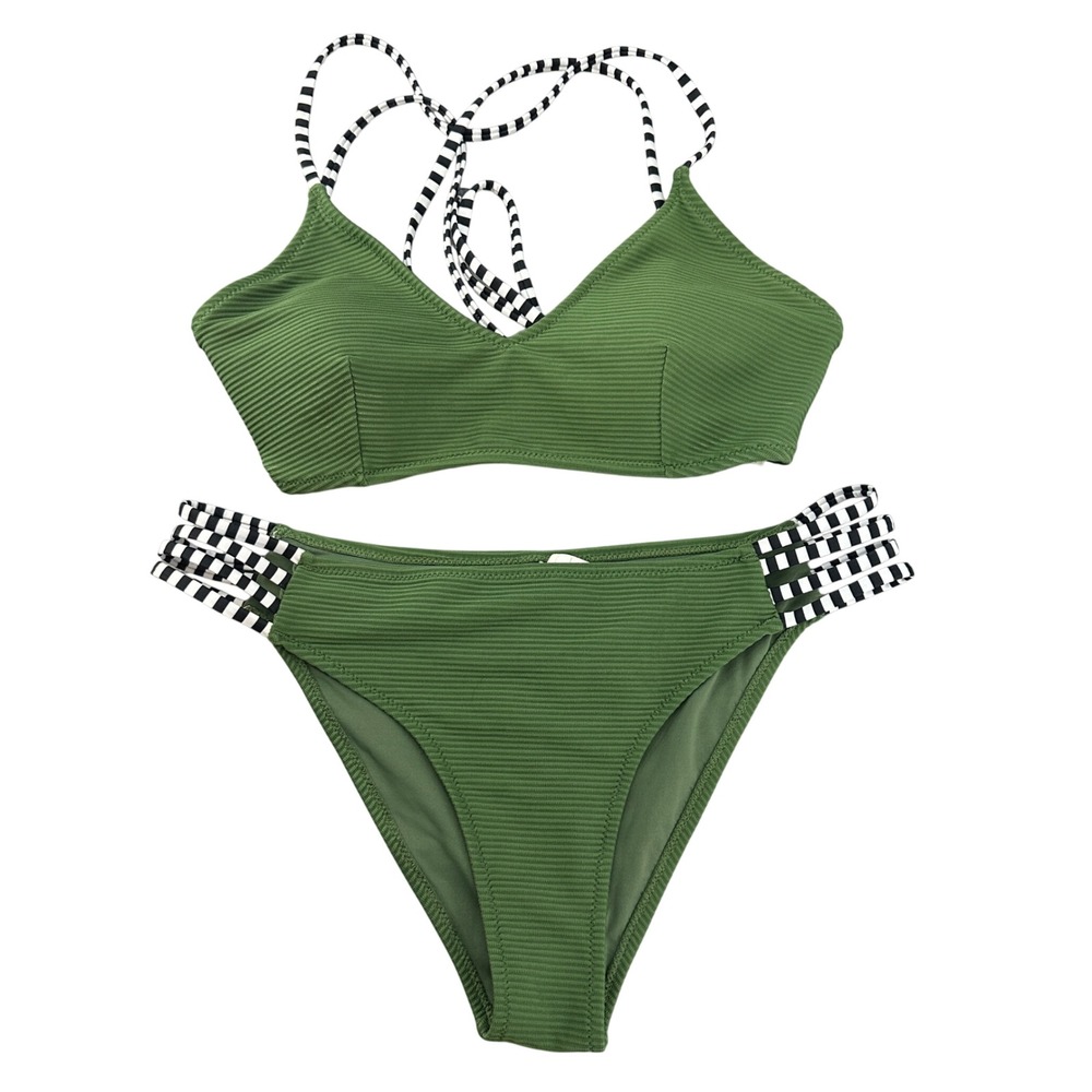 Cupshe‎ Womens Ribbed Bikini Set Olive Green Striped Straps XL New Preppy Sexy